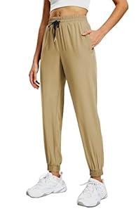 MIER Women's Lightweight Jogger Pants Quick Dry Running Athletic Hiking Travel Pants with Zipper Pockets, Light Brown, L