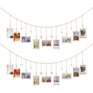 Hanging Photo Display Room Wall Decor, Boho Collage Picture Frame Christmas Cards Holder, Photo Hanger with 9 Wood Clips and 6 Wooden Hearts Tags for Home, Bedroom, Office, Nursery, Dorm Decor, 2 Pack