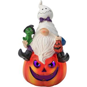 Halloween Pumpkin Gnome Statue with LED Light for Holiday Decorations Indoor Ghost Gnome Pumpkin Holding Ghostly Frog Halloween Props Collectible Figurine Fall Harvest Funny Gifts for Party (Orange)