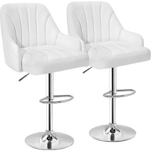 VECELO Bar Stools Set of 2, Adjustable Barstools, Counter Height Stools with Back and Arm, Kitchen Island Stools, Swivel PU Leather Stools, Modern Style, White
