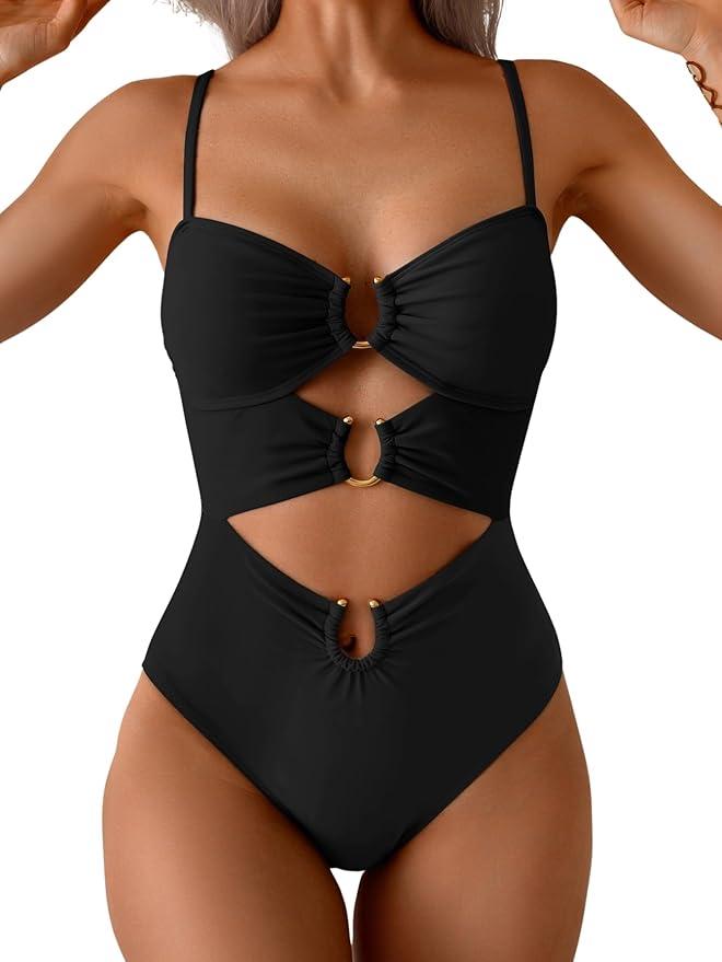 Eomenie One Piece Swimsuit for Women Ring Linked Monokini Sexy Bathing Suit Cutout Swim Suit Black S