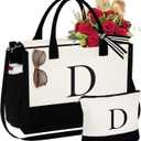YOOLIFE Mothers Day Gifts - Initial Canvas Tote Bag & Makeup Bag, Birthday Gifts for Women Mom Sister Friends