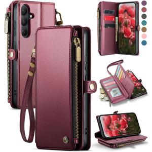 Defencase for Galaxy S26 Case Wallet with RFID Blocking Card Holder for Women Men, Elegant PU Leather Magnetic Snap Flip Wrist Strap Zipper Wallet Phone Cases for Samsung Galaxy S26 5G 6.3", Wine Red