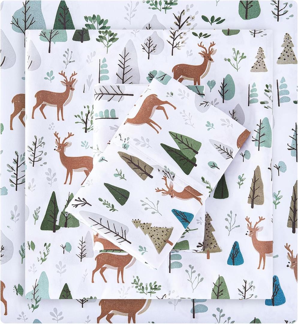 Viviland Christmas Holiday Twin Sheet Set - 4 Piece Forest and Deer Patterned Bed Sheets Set - Soft, Breathable Microfiber Sheets with Deep Pocket, Non-Slip Fitted Sheets & Pillowcases