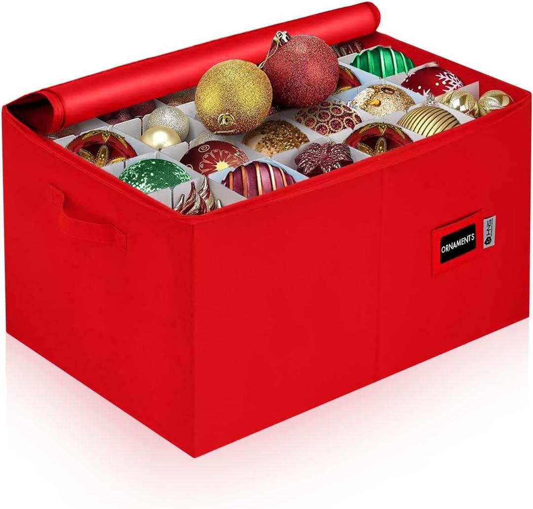 Christmas Ornament Storage Container with Dividers - Box Stores Up to 96 Ornaments, Zippered, Convenient, Adjustable, Large Organizer Bin to Protect Holiday Decor, Fits Most Standard Size, Red