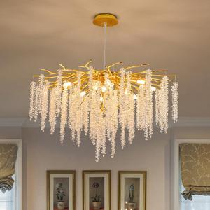 Crystal Tree Branches Chandeliers Luxury Round Raindrop Pendant Light Fixture Ceiling Hanging Light for Dining Room Bedroom Living Room Entryway D31.5 Gold