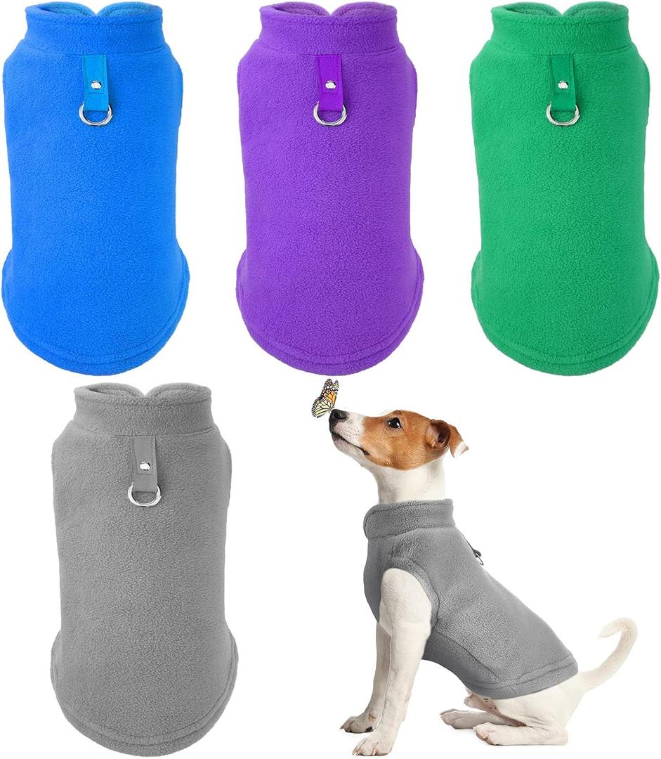 SATINIOR 4 Pieces Stretch Fleece Dog Sweater Polyester Warmer Vest Pullover Jacket with D-Ring Leash Cold Weather Coat Hoodie for Small and Medium Dogs(M,Gray, Green, Purple, Blue)
