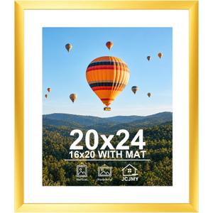 JCJMY 20x24 Picture Frame with 16x20 Mat, Display Photo 16x20 with Mat or 20 x 24 Without Mat, Wall Hanging Large 20 by 24 Poster Frame with Plexiglass, Gold