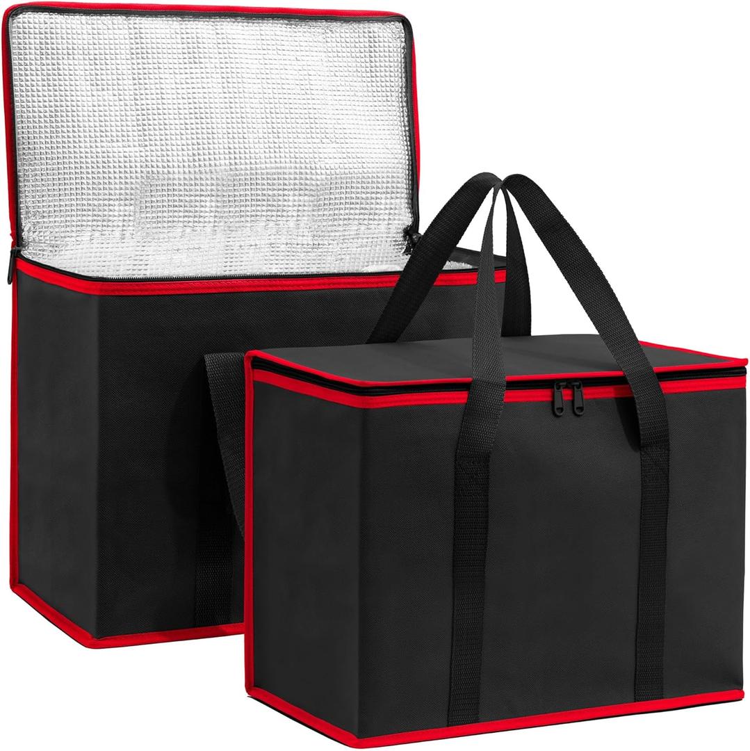 (Not Made In China) Insulated Reusable Grocery Bags, Catering and Delivery Bag For Hot and Cold Food, Collapsible Thermal Tote For Doordash and Uber Eats (1, Black w/Red Trim, X-Large)