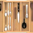 Bamboo Expandable Kitchen Drawer Organizer, 13" to 23" Adjustable Utensils and Cutlery Tray, Wood Drawer Organizer for Silverware Flatware (5 Slots Expandable)