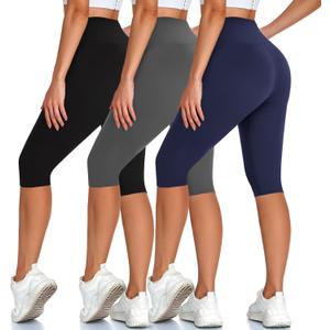 High Waisted 3 Pack Women's Capri Pants - Knee Length Yoga Shorts, Biker Workout Leggings for Women,Summer Activewear, Large-X-Large