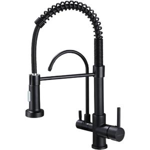 3-in-1 Reverse Osmosis Kitchen Sink Faucet with Spring Sprayer, Matte Black Dual Handle Brass Faucet, RO Water Filter Faucet with Aerated Stream & High Pressure Spray