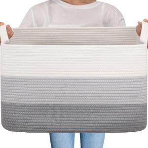 OIAHOMY Large Blanket Basket, 65L Cotton Rope Woven Laundry Basket, Toy Bin for Baby Room, Container for Blanket Storage in Living Room, 20''×16''×12'', Gradient Grey