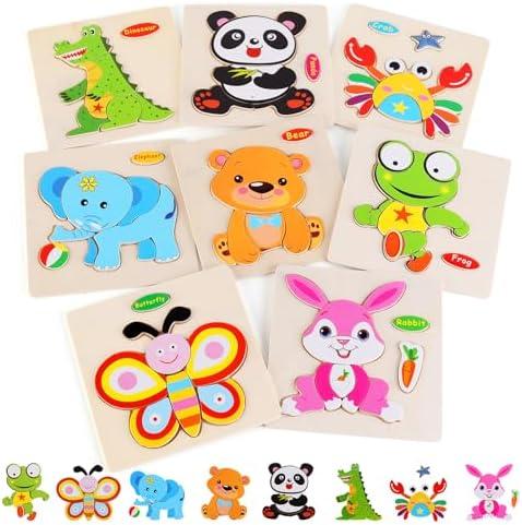 Wooden Puzzles for Toddlers 1-3, Pack of 8 Toddler Animal Puzzles Ages 2-4, Montessori Educational Animals Jigsaw Puzzles Christmas Birthday Gift for Baby Girl Boy Ages 1 2 3 4 Year Old