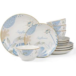 12-Piece Ceramic Dinnerware Set for 4, Blue Floral