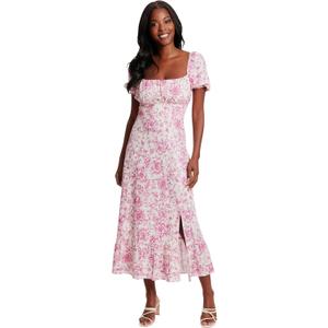 London Times Women's Dresses Square Neck Smocked Back Linen Blend Flattering Versatile Spring Summer Garden Party Dress, Ivory/Bright Fuschia, 18