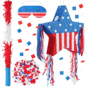 Lunmon 17.7 Inch Patriotic Piata Decorations 4th of July Piata with Blindfold Stick and Confetti for Independence Day Fourth of July USA Classroom Party Supplies Centerpiece Decor (Exquisite)