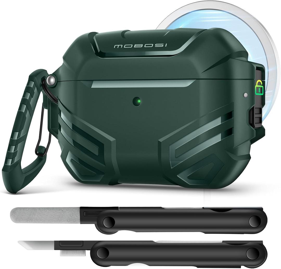 MOBOSI for AirPods Pro 3 Case with Lock, Compatible with AirPod 3rd Gen Cover [Fit for MagSafe], Military Grade Hard Shell for iPods Pro3 with Cleaner Kit & Keychain for Men(2025), Green