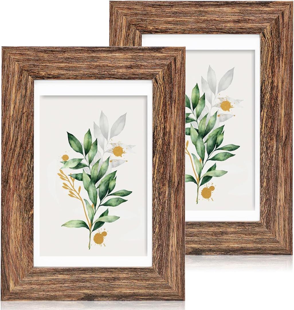 Hongkee 5x7 Picture Frame Set of 2, Made of Real Glass and Rustic Brown Wooden Frame - Display Pictures 4x6 with Mat or 5x7 Without Mat, 5 by 7 Photo Frame for Wall or Tabletop Display