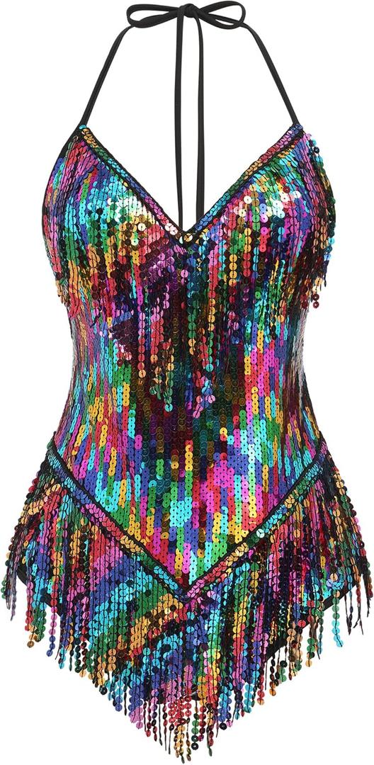 IBAKOM Sexy Sequins Fringe Bodysuit Halter Lace Up Back Jazz Latin Dance Tassel Leotard Acrobat Costume Rave Concert Outfits (Large, Black Rainbow)