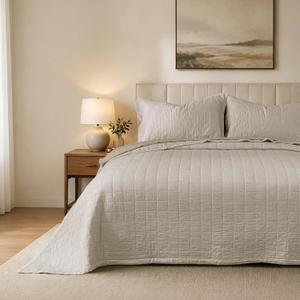 Natural Cotton California King Size Quilt 106x118 Breathable Waffle Coverlet Bedspread Sets 3-Piece with 2 Comfy Pillow Shams Vintage Neutral Comforter Set for All Seasons,Beige