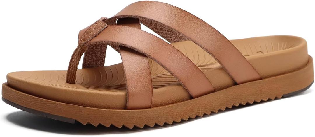 KuaiLu Womens Dressy Orthotic Flip Flops Ladies Yoga Memory Foam Summer Pool Beach Slip on Plantar Fasciitis Arch Support Khaki 9.5