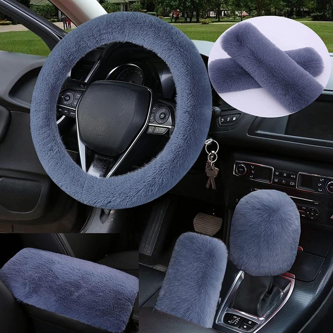 1 Set 6 Pcs Fluffy Car Steering Wheel Cover & Seat Belt Shoulder Pads & Handbrake Cover & Gear Shift Cover Set & Seat Belt Shoulder Pads Faux Wool Universal Fit Car Interior Accessories (Grey)