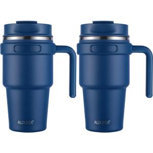 ALOUFEA 20 oz Insulated Coffee Mug Tumbler with Handle, Stainless Steel Travel Mug Tumbler with Lid and Straw,Double Wall Vacuum Leak Proof Ice Coffee Thermal Cup, Navy