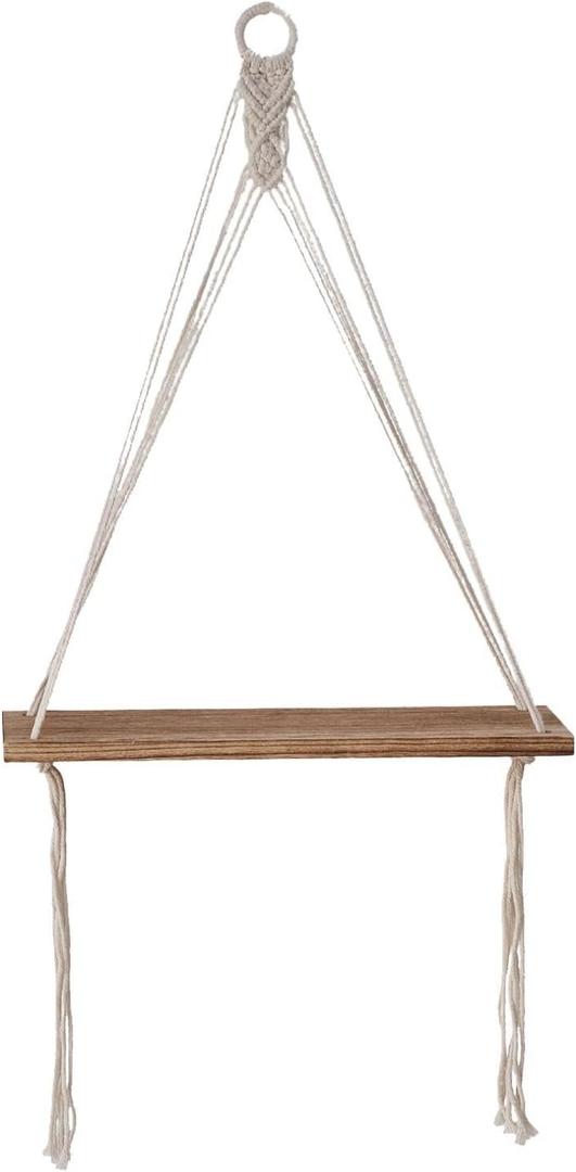 Boho Macrame Wall Hanging Shelf Wall Decoration, Creative, Rustic, Elegant Wooden Display Shelf Floating Shelf for Nursery, White