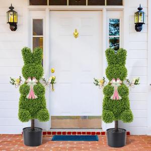 Yunlly 35" Easter Day Artificial Bunny Shaped Topiary Trees Set of 2, Uv-Resistant Faux Boxwood Rabbit Decor with Pink Bow & Easter Egg Picks, Indoor Outdoor Porch Entryway Spring Decorations