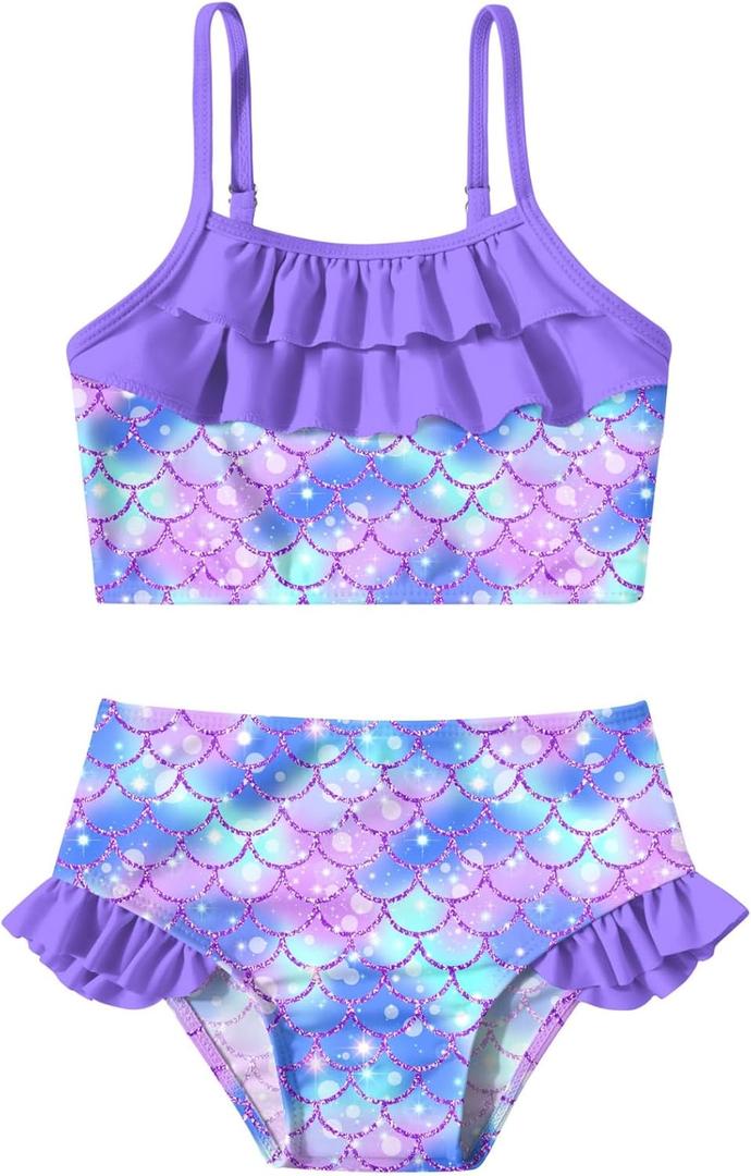 Little Girls Two Piece Mermaid Bikini Set Ruffle Adjustable Summer Beach Bathing Swimsuit 3-7 Years for Kids