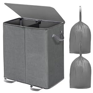 Double Laundry Hamper with Lid and Removable Bags, Laundry Basket 2 Section, Double Hampers for Laundry, Large Divided Hamper, Dual Laundry Hamper 2 Section with Handles Dorm 140L Grey