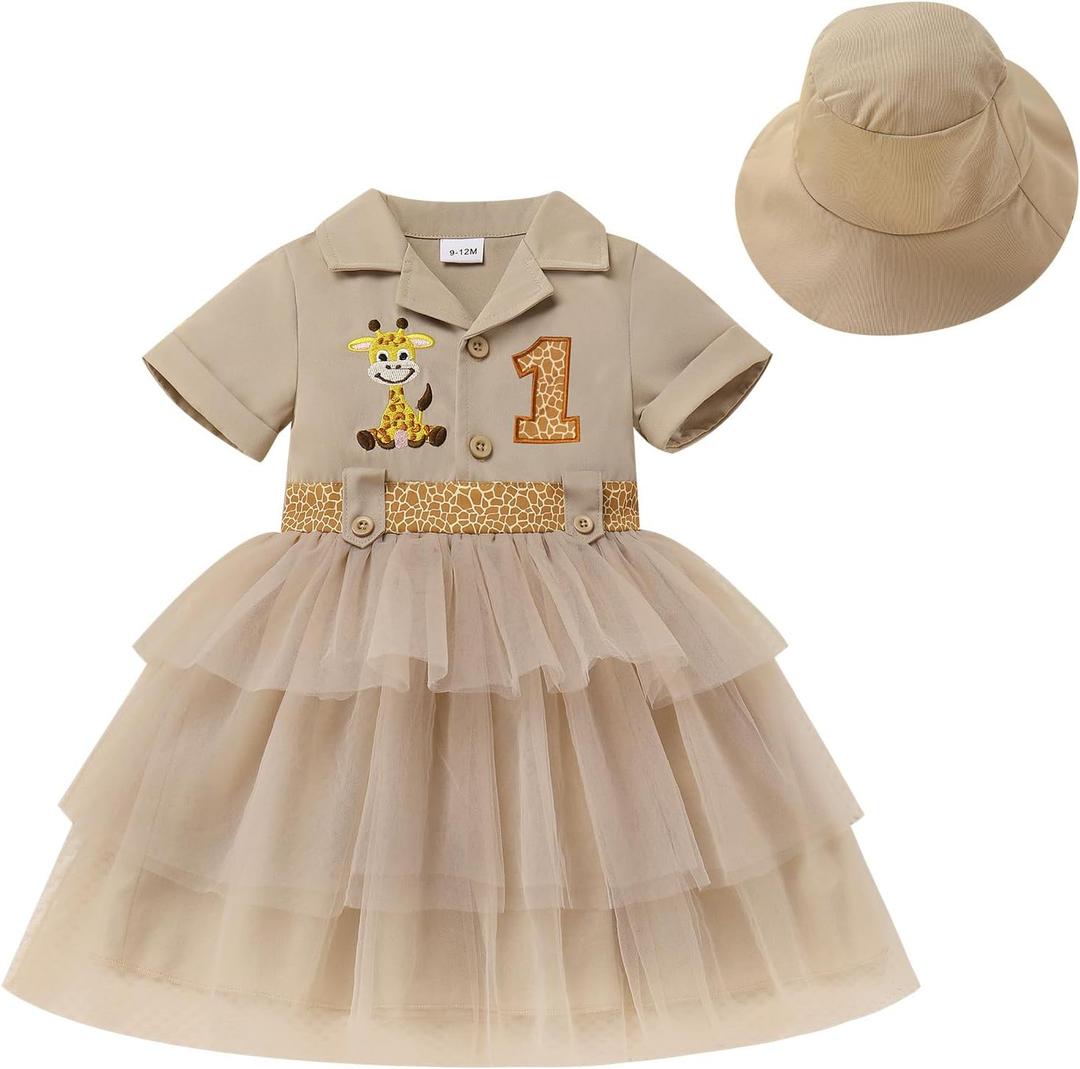 FYMNSI Baby 1st Birthday Outfit Girls Jungle Animal Giraffe Birthday Dress Tiered Tulle Hat Newborn Cake Smash Photo Shoot (12-18 Months, Khaki)