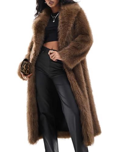 Flygo Womens Long Faux Fur Coats Winter Fluffy Open Front Luxury Overcoat Shaggy Lapel Long Sleeve Fuzzy Warm Cardigan Jacket(Brown-XL)