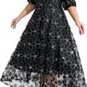 Women Plus Size V Neck Empire Waist Sequin Embroidered Lace Cocktail Dress (L)