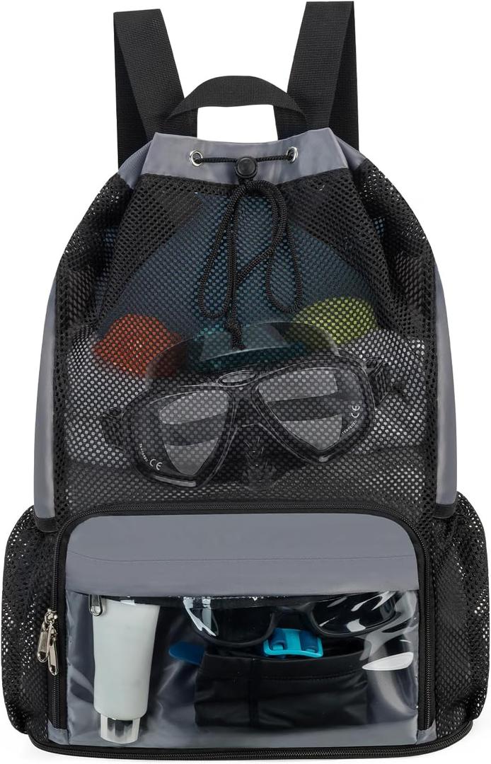 Drawstring Backpack Sandproof Beach Backpack with Shoe Compartment & Wet Pocket Waterproof Mesh Swim Bag Pool Bag for Gym, Travel and Workout Gear (Grey)