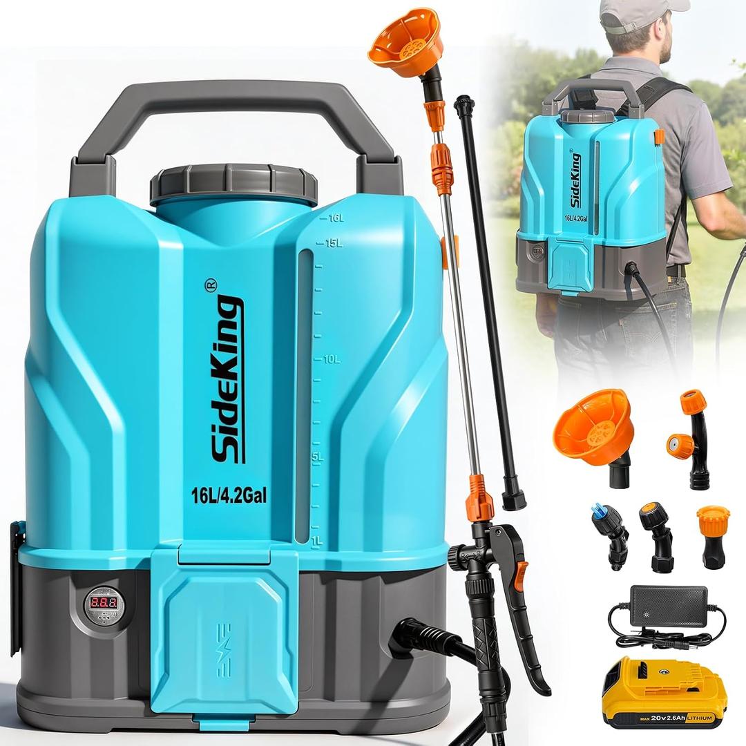 SideKing 4.2 Gallon Battery Powered Backpack Sprayer, 120 PSI Powerful Electric Sprayer Compatible with DeWalt 20V Battery, Max 1.0 GPM, 5 Nozzles & 2 Spray Wands for Lawn, Yard, Weed & Pest Control