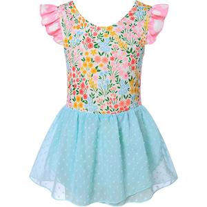 Funnycokid Ballet Leotard for Girls Dance Leotards with Skirt Toddler Ruffle Sleeve Ballerina Outfit (6 Years, Bowknot Blue)