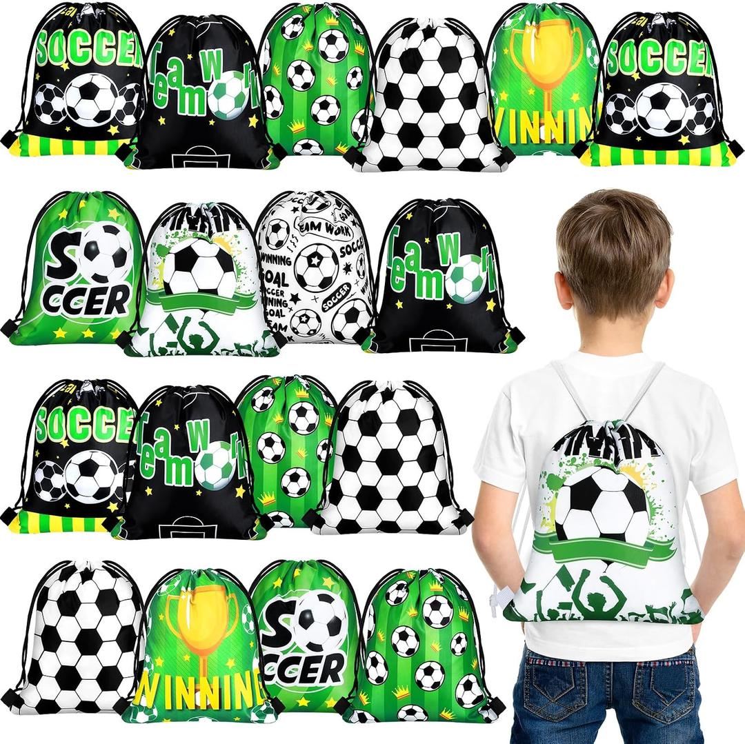 Woanger 24 Pcs Soccer Gift Bags 9.8 x 11.8 Inch Soccer Drawstring Party Favor Bag Fabric Goodie Candy Treat Snack Bags for Team Sport Ball Theme Birthday Party Supplies