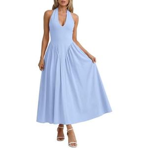 Zelroxa Women Halter V Neck Maxi Dress Sleeveless Drop Waist Corset Formal Sexy Flowy Aline Beach Wedding Guest Long Sundress, Size S