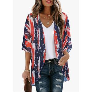 Women's Floral Kimono Puff Sleeve Cardigans Chiffon Casual Loose Open Front Cover Ups Tops, M