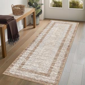 GarveeHome 2x6 Modern Bordered Runner Rug Soft Non Slip Runner Washable Non Shedding Floor Carpet, Distressed Geometric Hallway Runner, Indoor Printed Runner for Kitchen, Entrance, Brown