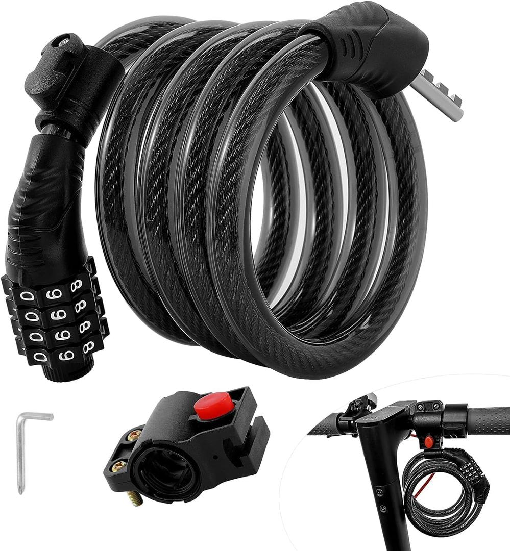 E Scooter Lock, Bike Combination Cable Locks Compatible with Xiaomi M365/Max/GXL/Ninebot/Segway/Motor/Bicycle Lock 4 ft Long/0.472In Scooter Anti-Theft Ideal 4 Digit/12 Steel Cable (light-black)