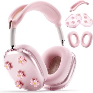Sabary 5 Pcs Pink Sakura Silicone Case Cover Compatible with Airpods Max Headphones Cute Bow Clear Heart Compatible with Air Pod Max (USB-c)(2024/2020) Coquettish Ear Pad Protector for Women