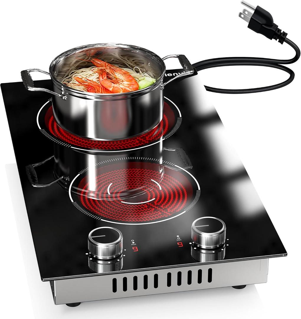 2 Burner Electric Cooktop, 12 Inch Countertop & Built-in Electrical Stovetop, 110V Electric Stove with Plug, Knob Control, 9 Power Level, 2000W(1400W+600W), 12 Inch 2 Burner Silver Konb