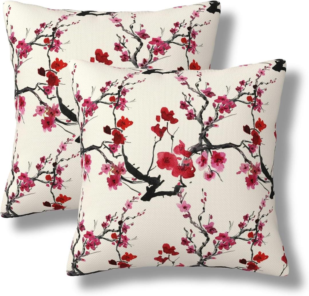 Cherry Blossom Throw Pillow Covers 18x18 Set of 2 Watercolor Floral Decorative Pillow Cover Flowers Outdoors Square Pillowcase Cushion Case Home Decor for Sofa Couch Bed (Beige)