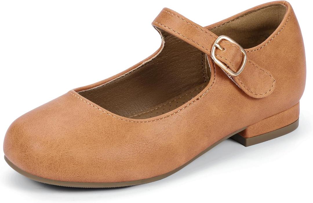 Hehainom Girls Dress Shoes Mary Jane Ballet Flats Little Big Kids Flower Girl Low Heels School Wedding Party Shoes (Camelpu), Size 2