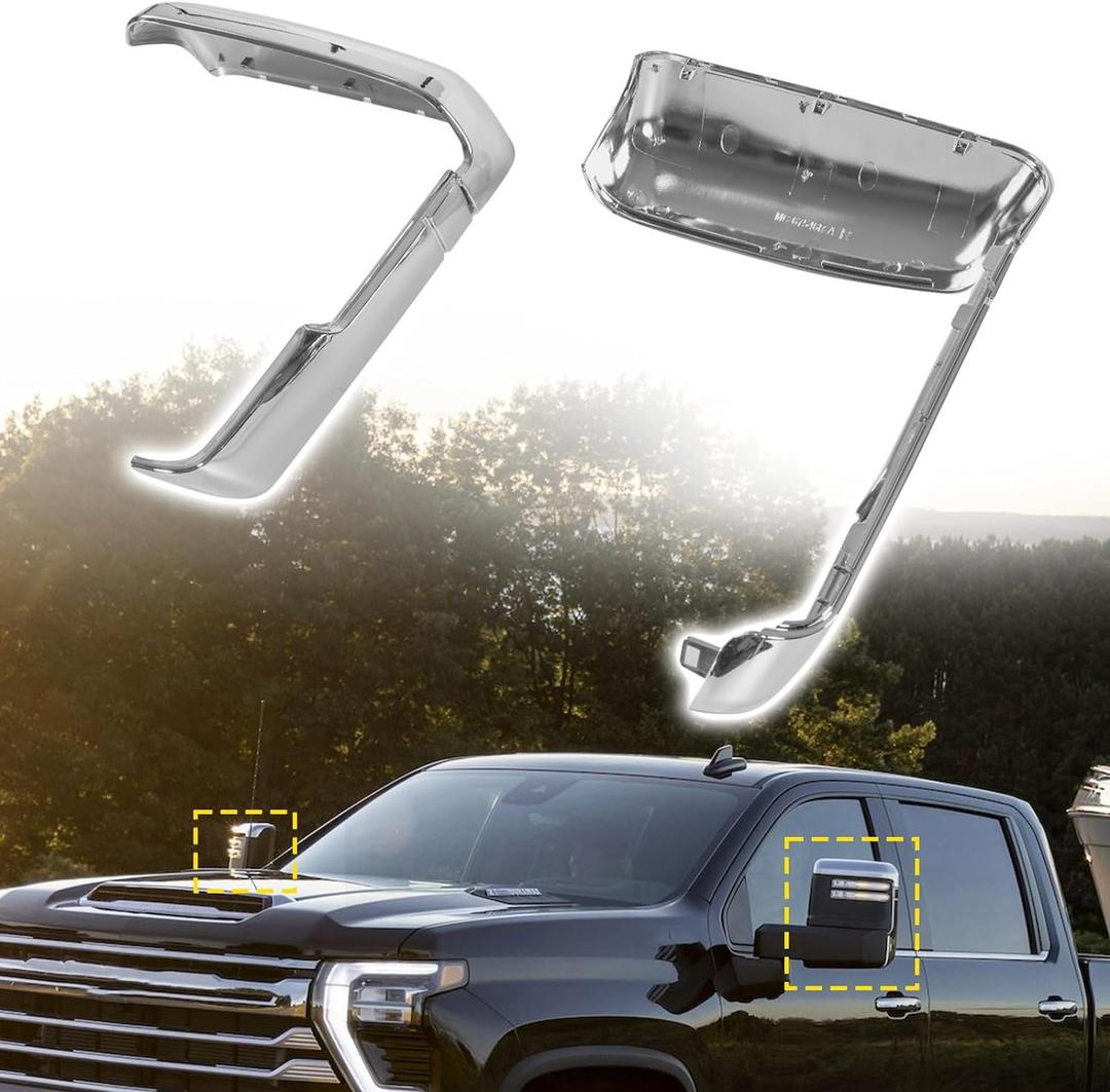 Tow Mirror Caps fit for Chevy Chevrolet Silverado GMC Sierra 2500HD 3500HD 2020 2021 2022 2023, 84468904 84468910,Top & Side Clip-On Front Door Mirror Housing Covers Caps,Chrome