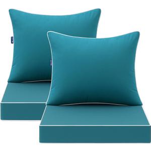 MIULEE Teal Outdoor Seat Cushion 24x24 Inch Set of 2 Waterproof & 3 Year Fade Resistant Deep Seat and Back Cushion for Patio Furniture Chair Sofa Couch with Handle and Adjustable Straps