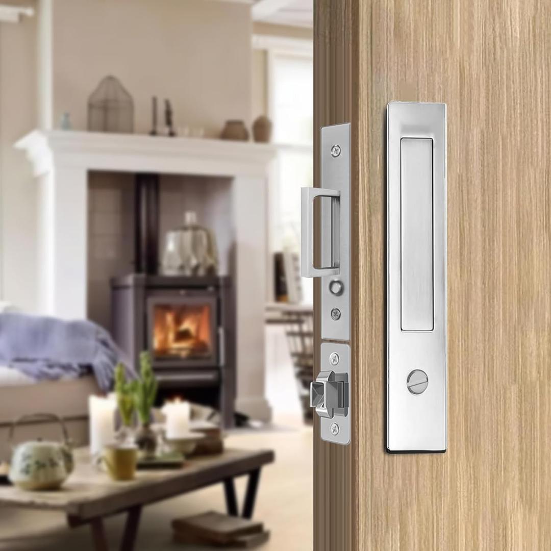Pocket Door Locks, Edge pulls, Hidden Handles, Pocket Door Hardware, Sliding Door Locks, Sliding Door Hardware, for Doors 1 5/12" to 2 2/8" Thick (Silver, Privacy Type)